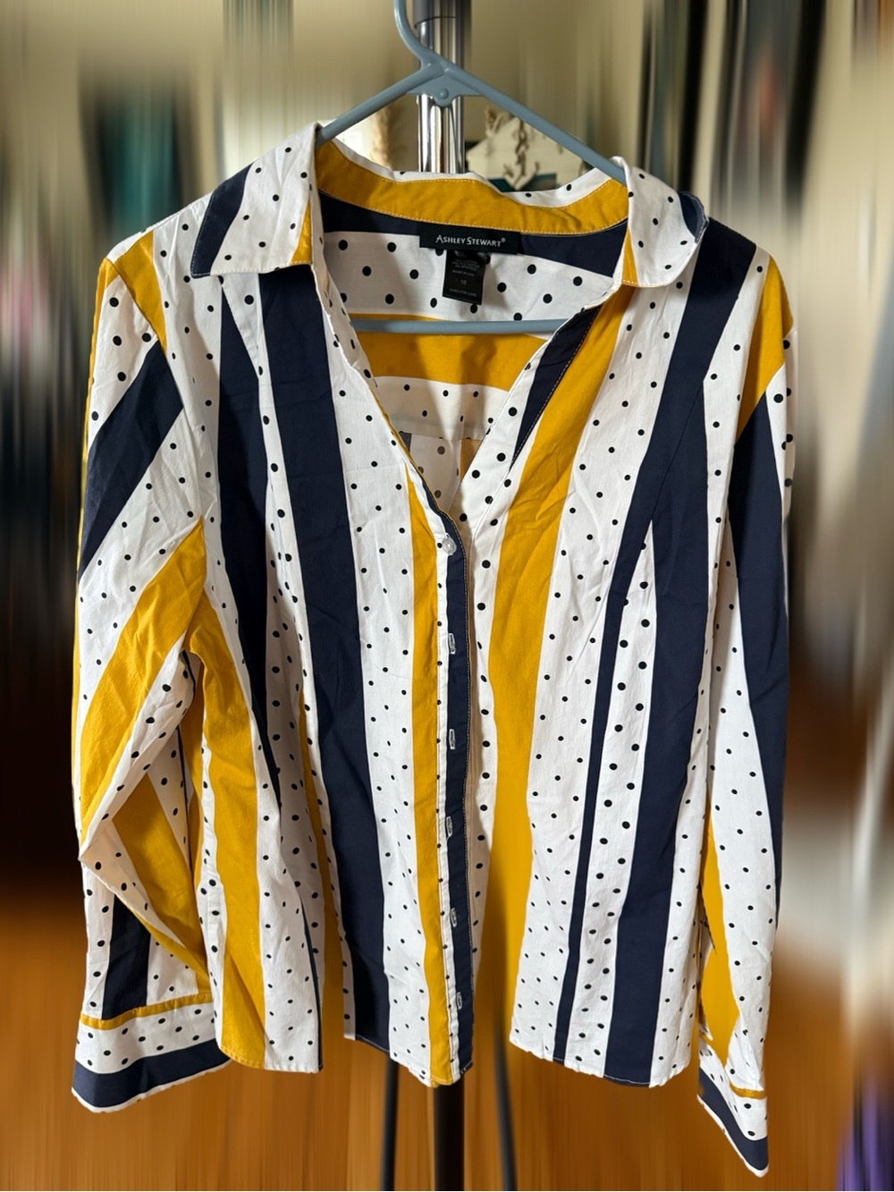 Ashley Stewart Yellow, Navy & White Striped and Polka Dot Blouse NWOT